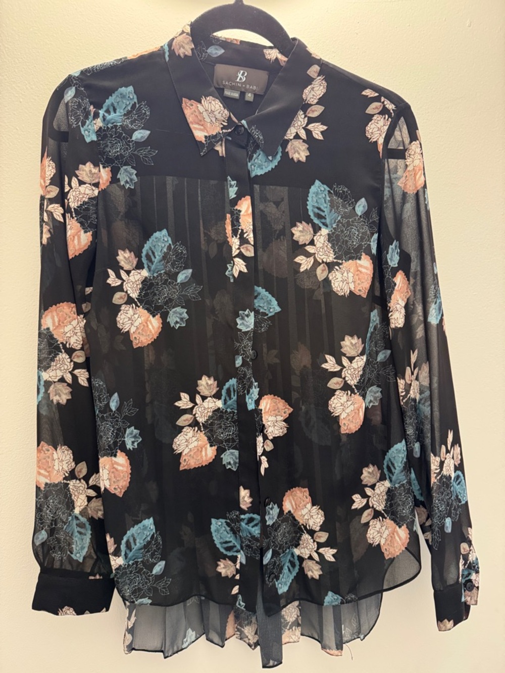 Sachin + Babi Black Sheer Floral Button-Up Blouse with Peach and Teal Accents